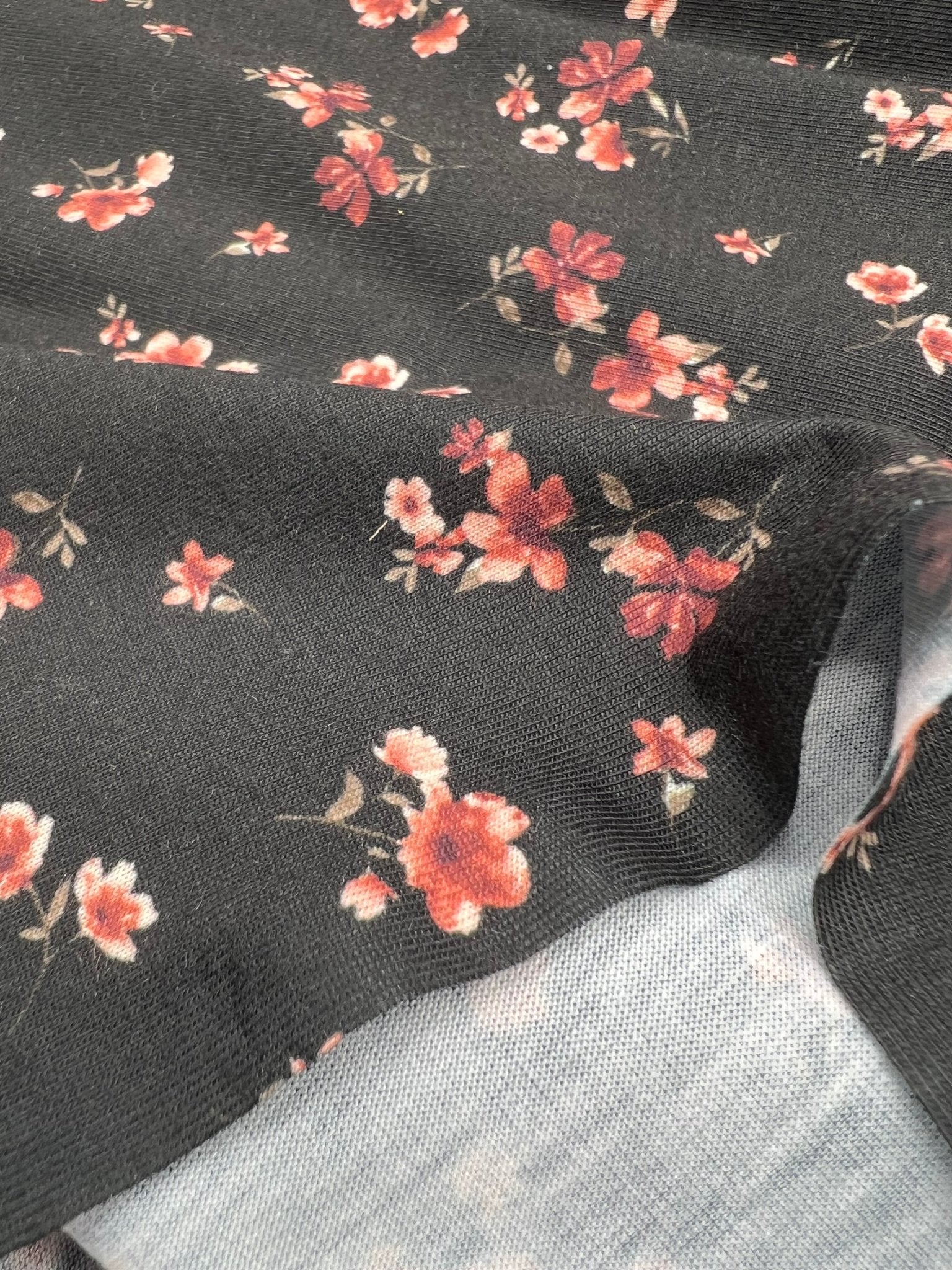Black Ditsy Floral Rose Print Spun Poly Stretch Fabric - T9 Fabrics