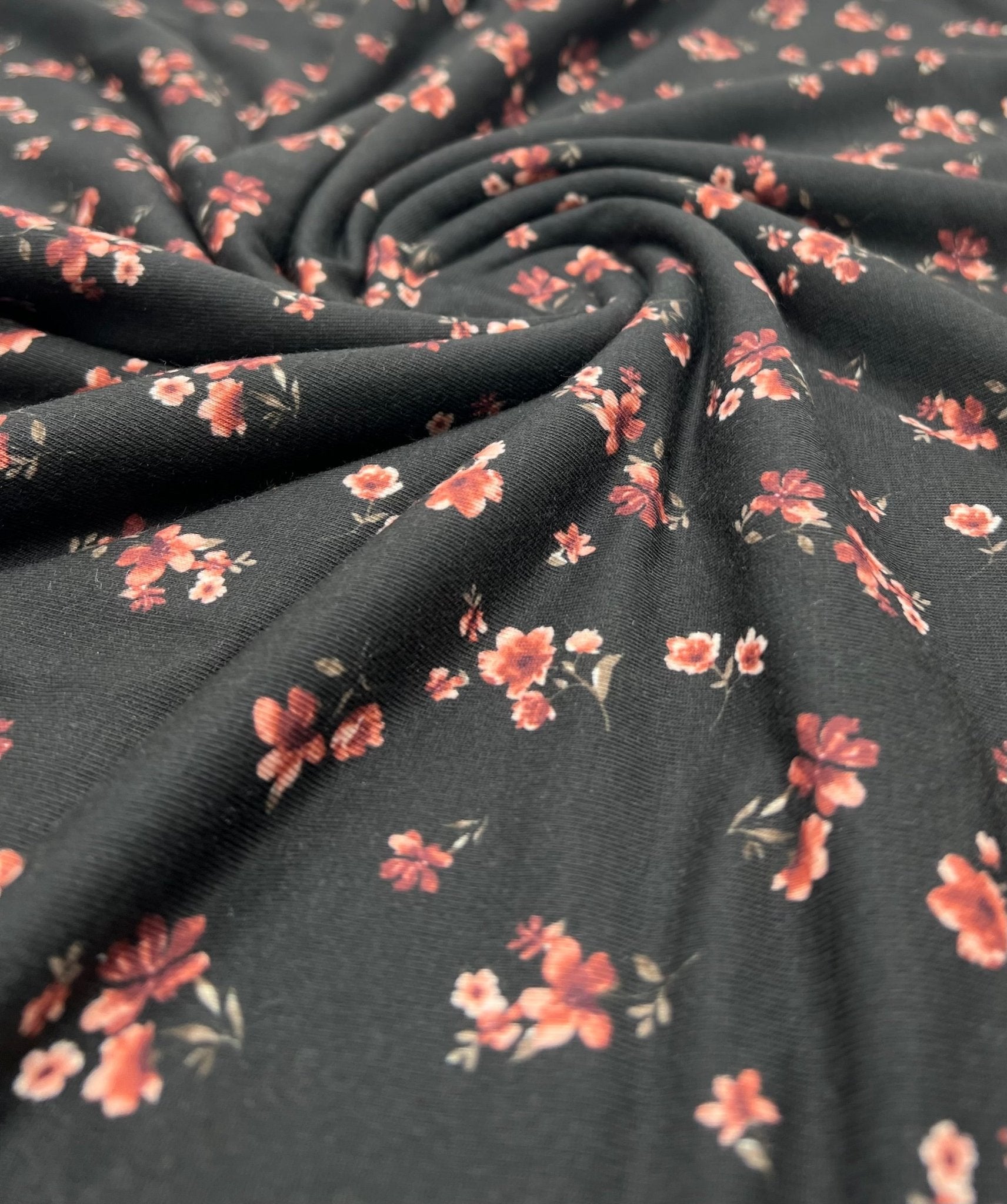 Black Ditsy Floral Rose Print Spun Poly Stretch Fabric - T9 Fabrics