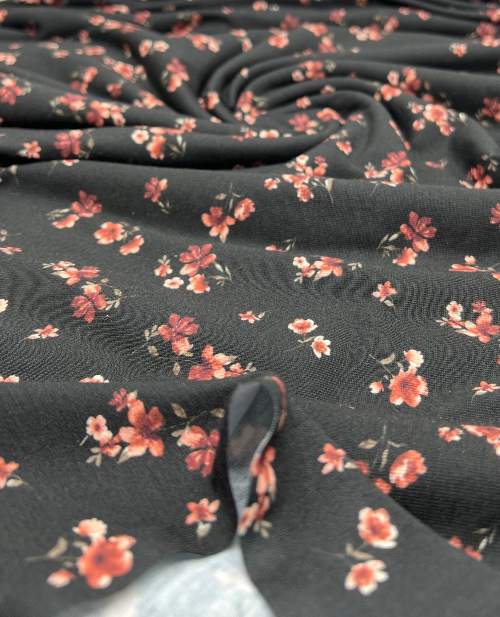 Black Ditsy Floral Rose Print Spun Poly Stretch Fabric - T9 Fabrics