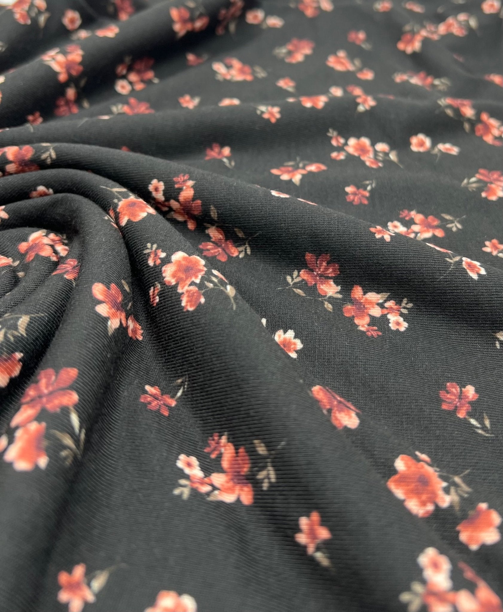 Black Ditsy Floral Rose Print Spun Poly Stretch Fabric - T9 Fabrics
