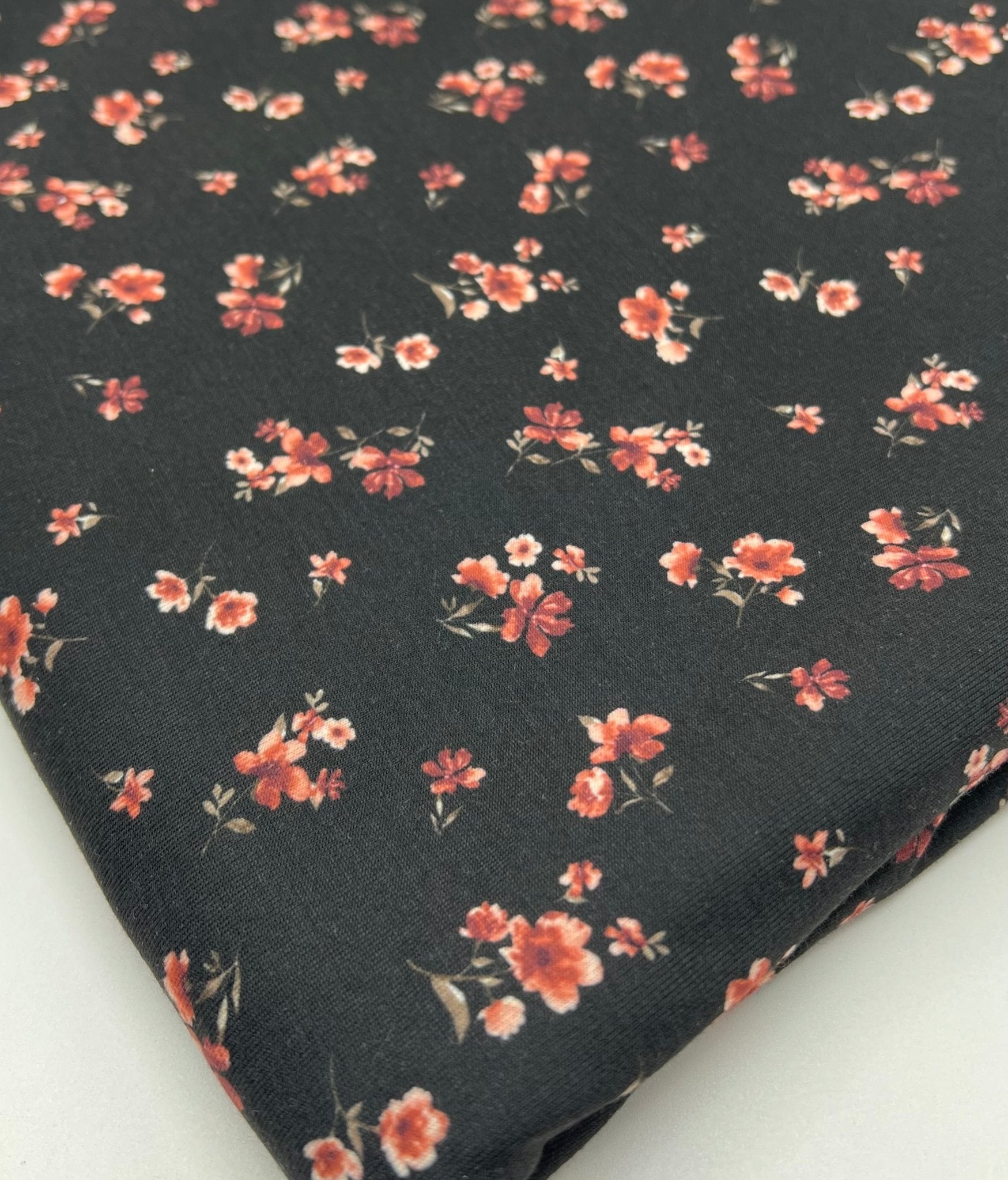 Black Ditsy Floral Rose Print Spun Poly Stretch Fabric - T9 Fabrics