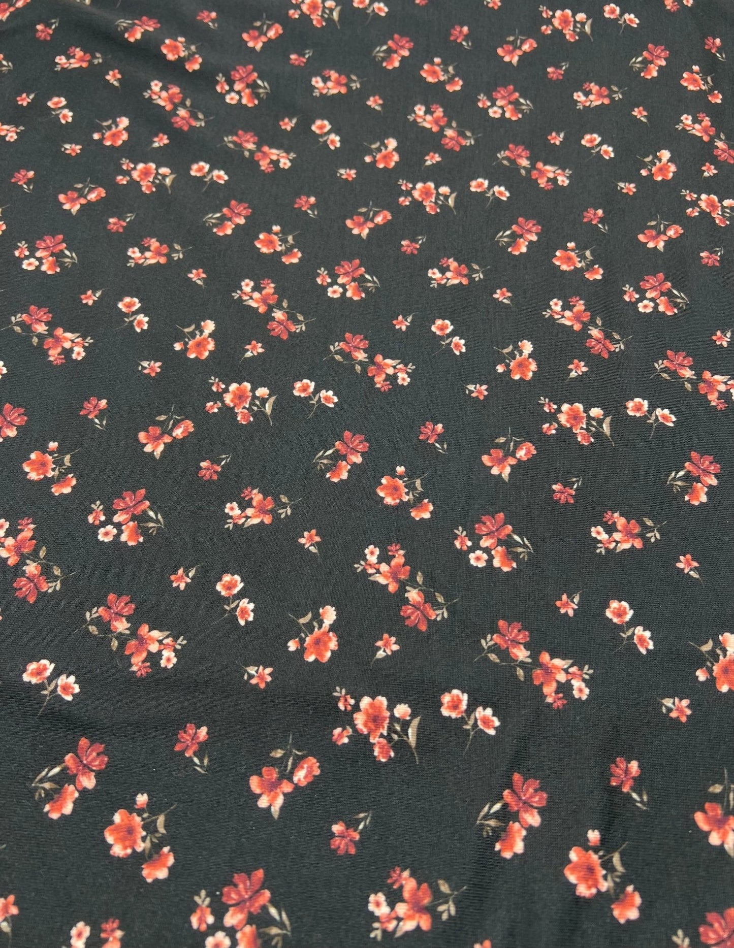 Black Ditsy Floral Rose Print Spun Poly Stretch Fabric - T9 Fabrics