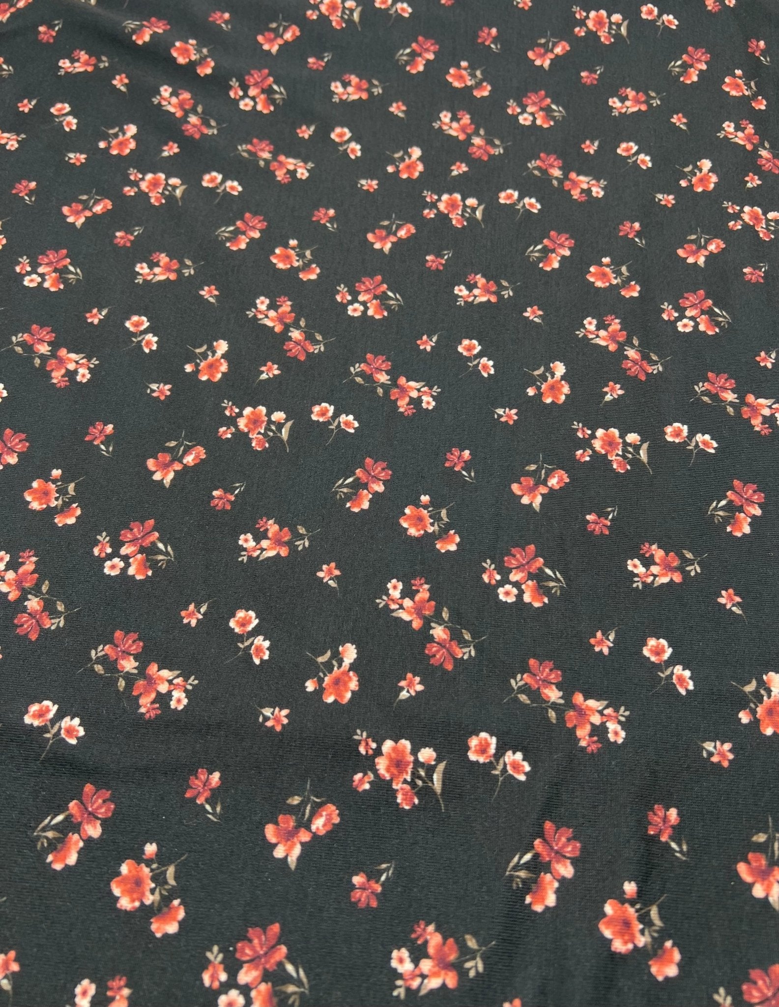 Black Ditsy Floral Rose Print Spun Poly Stretch Fabric - T9 Fabrics
