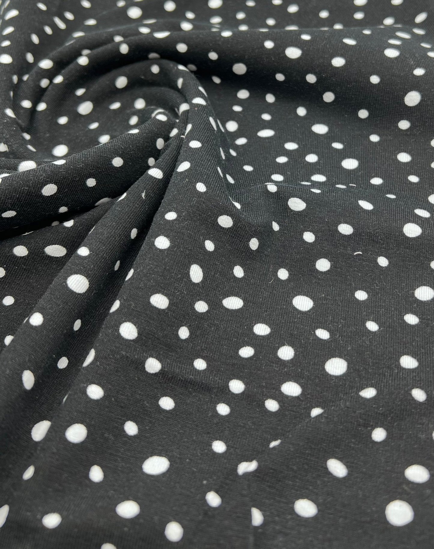 Black Dots Cotton Stretch Jersey 200 GSM 95/5 Lycra 4 Way Stretch - T9 Fabrics