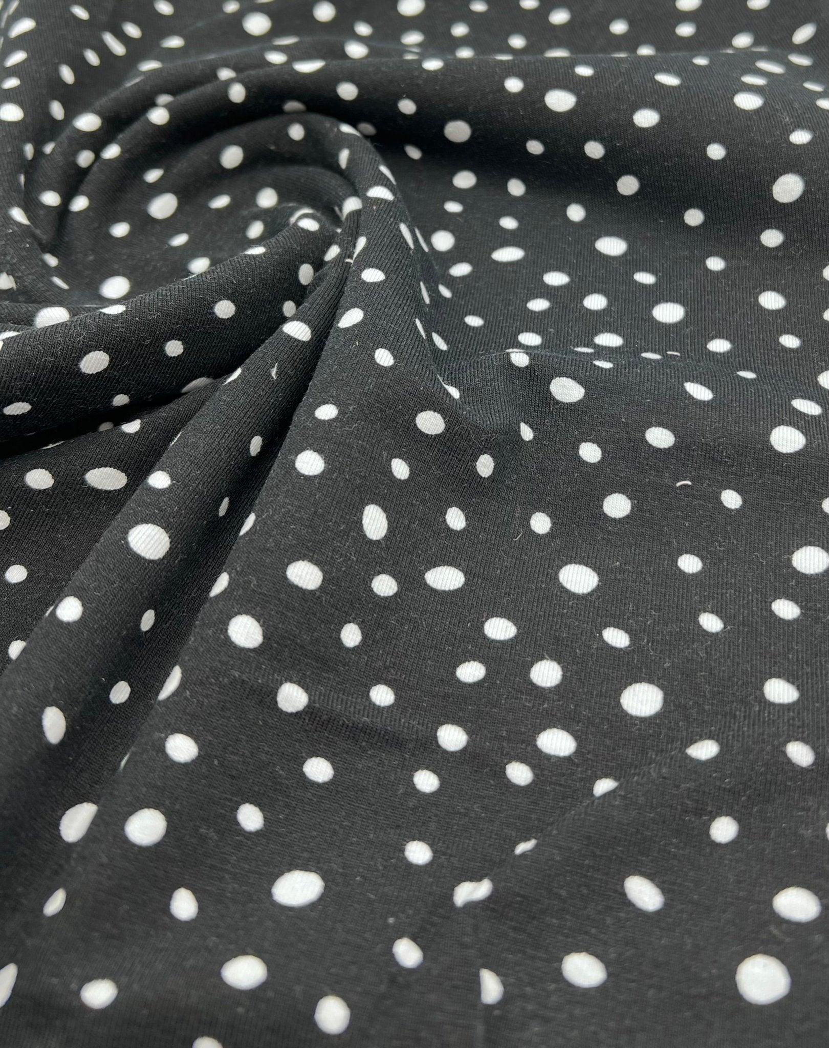 Black Dots Cotton Stretch Jersey 200 GSM 95/5 Lycra 4 Way Stretch - T9 Fabrics