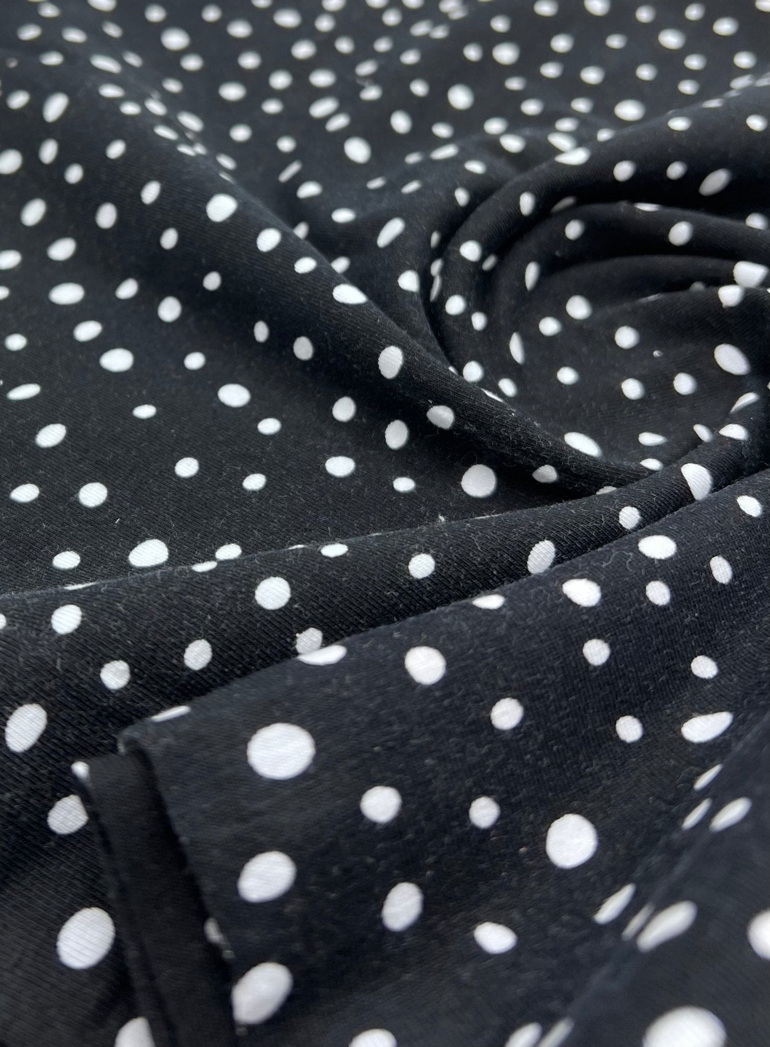 Black Dots Cotton Stretch Jersey 200 GSM 95/5 Lycra 4 Way Stretch - T9 Fabrics