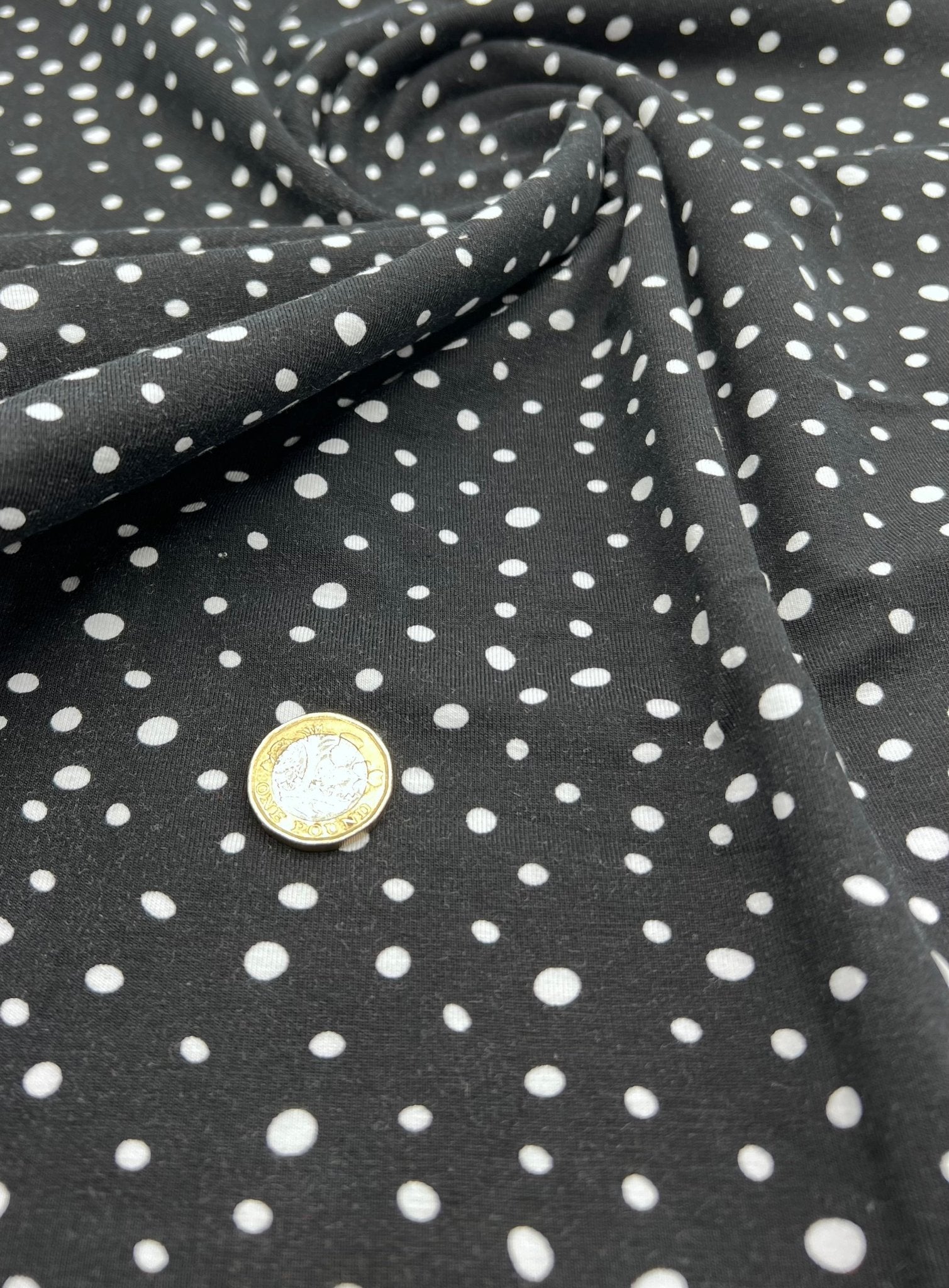 Black Dots Cotton Stretch Jersey 200 GSM 95/5 Lycra 4 Way Stretch - T9 Fabrics