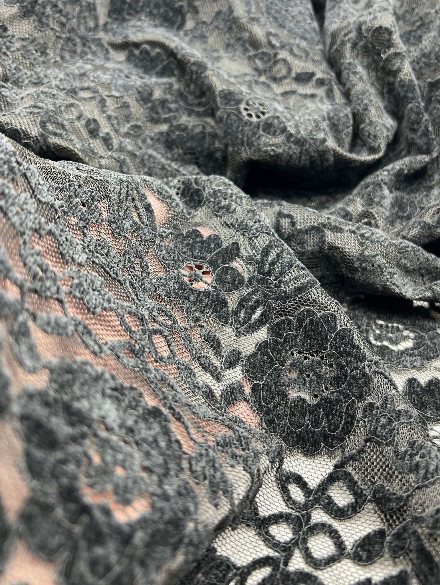 Black Embossed Textured Scalloped Edge Floral Lace Fabric Stretch - T9 Fabrics