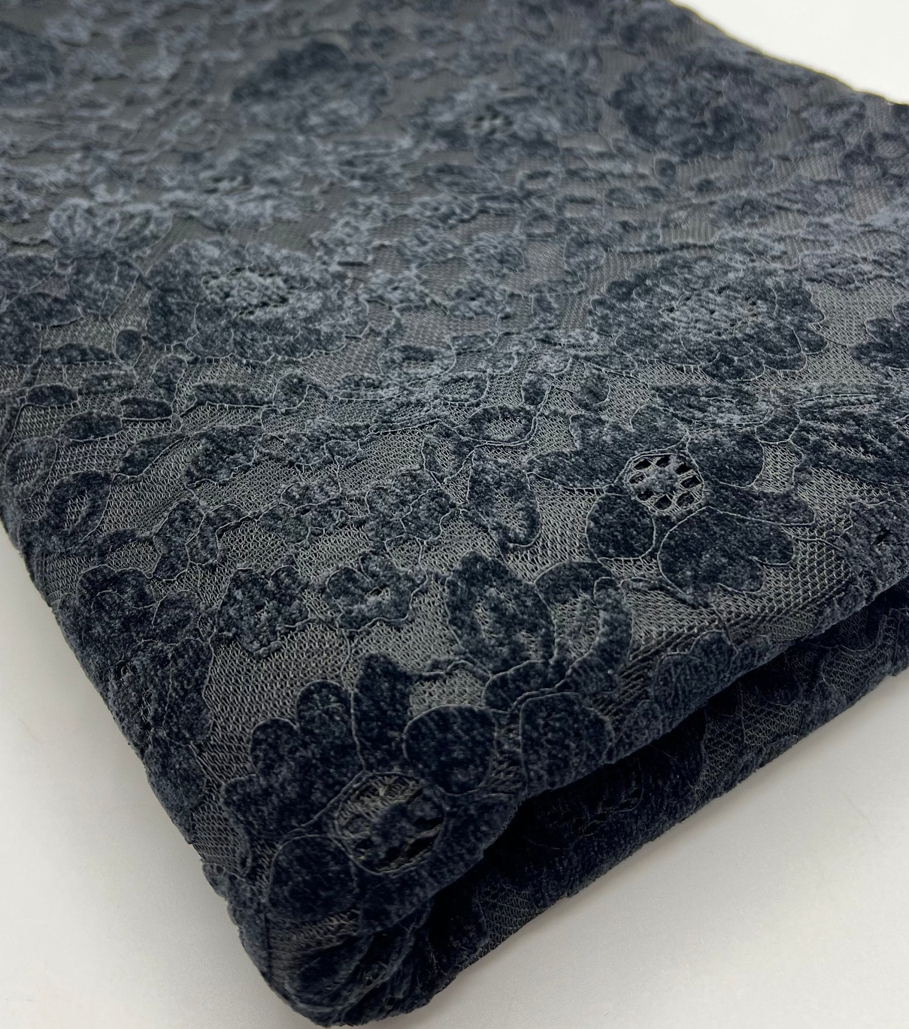 Black Embossed Textured Scalloped Edge Floral Lace Fabric Stretch - T9 Fabrics