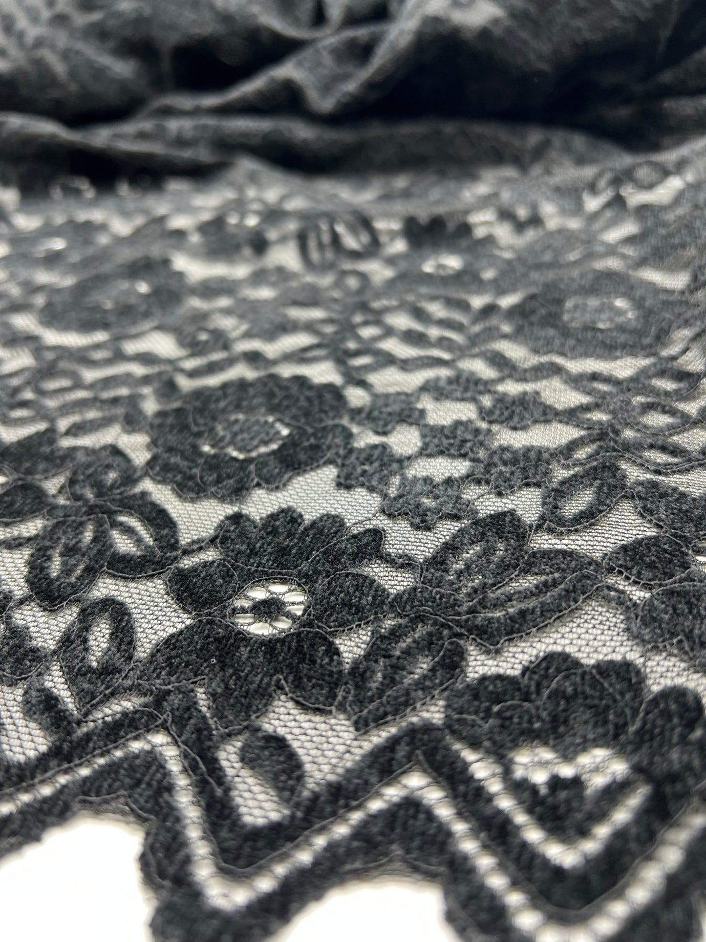 Black Embossed Textured Scalloped Edge Floral Lace Fabric Stretch - T9 Fabrics