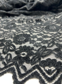 Black Embossed Textured Scalloped Edge Floral Lace Fabric Stretch - T9 Fabrics