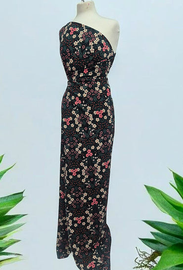 Black Floral Leaves Lightweight Non Stretch Woven Dress Craft Fabric - T9 Fabrics