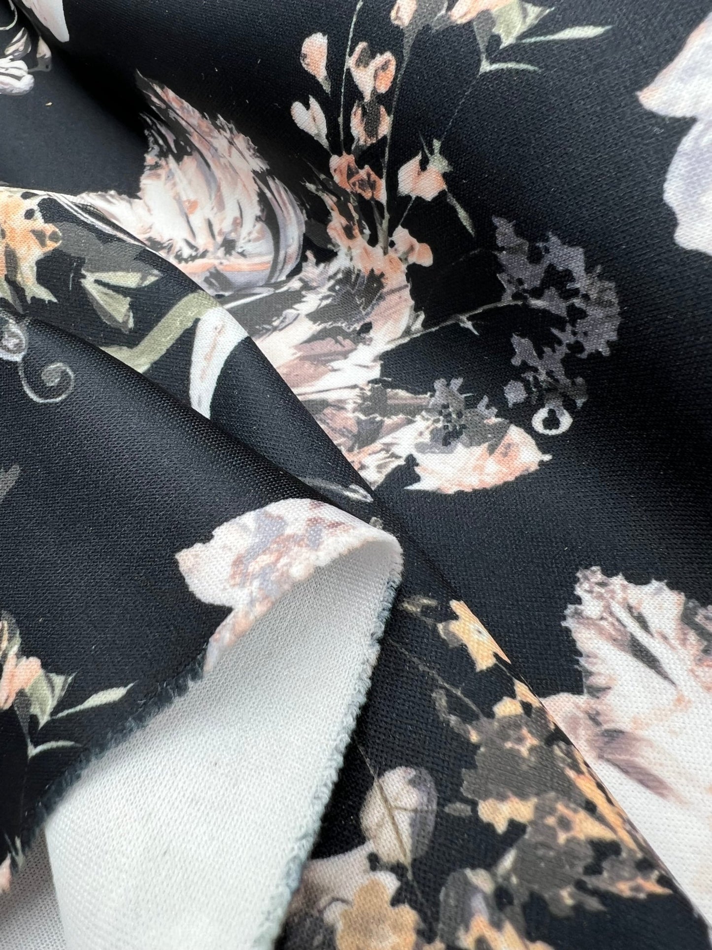 Black Floral Printed Plain Scuba Fabric - T9 Fabrics