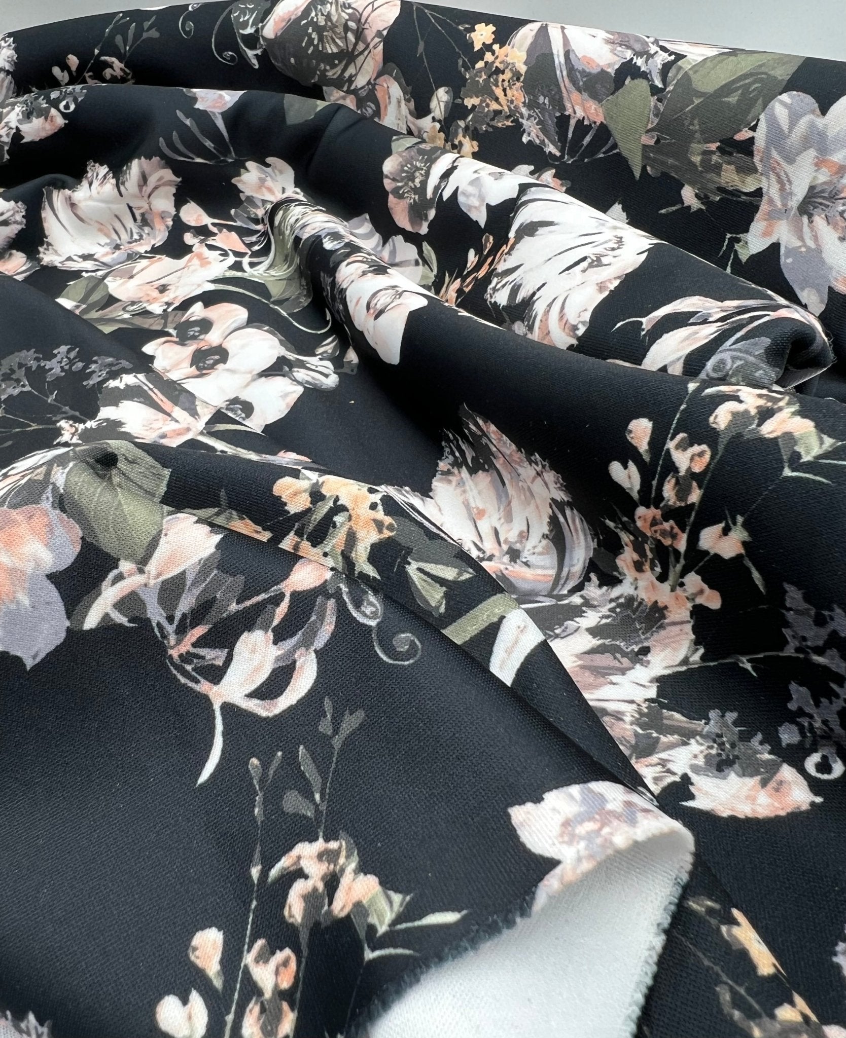 Black Floral Printed Plain Scuba Fabric - T9 Fabrics