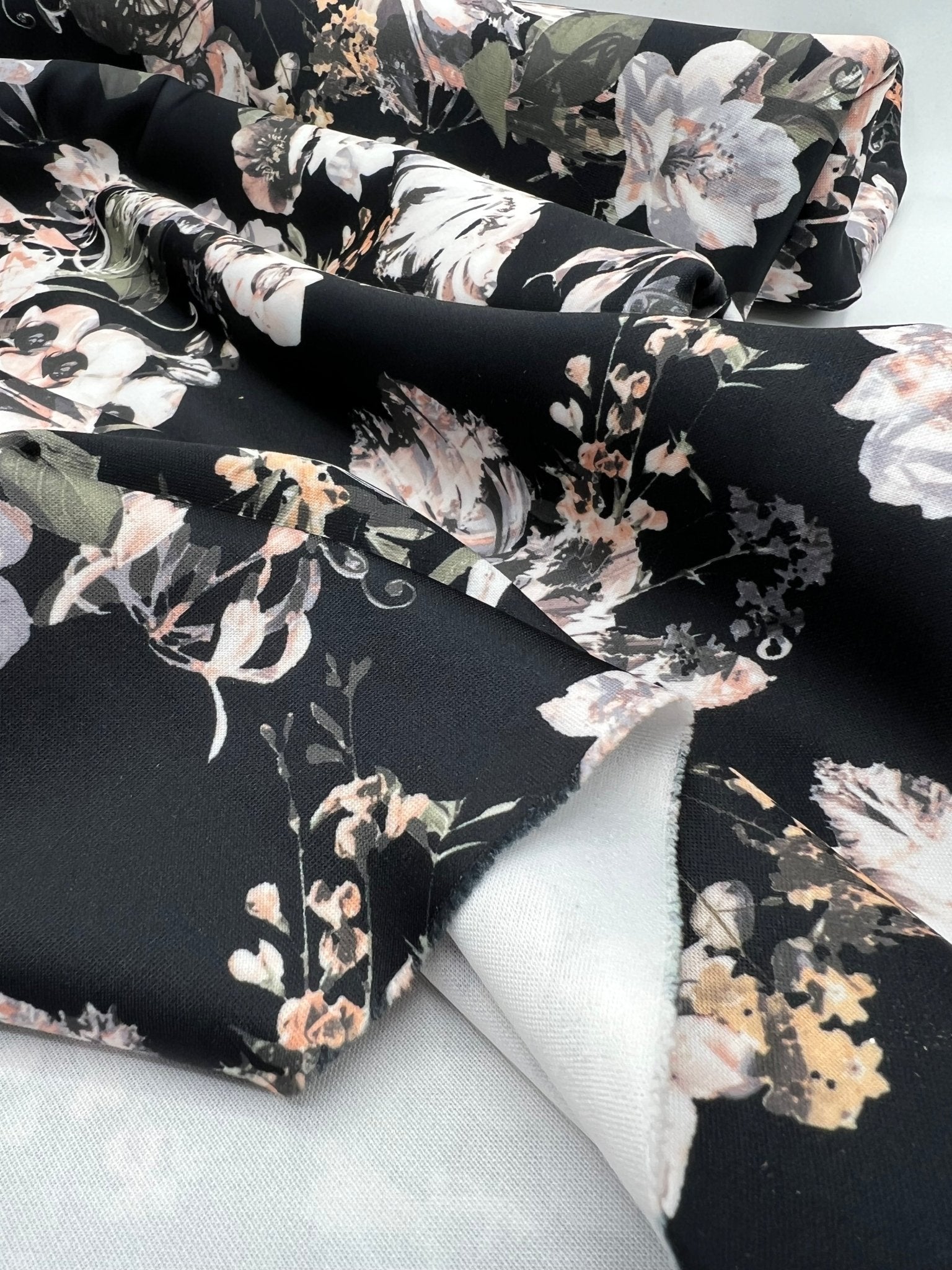 Black Floral Printed Plain Scuba Fabric - T9 Fabrics