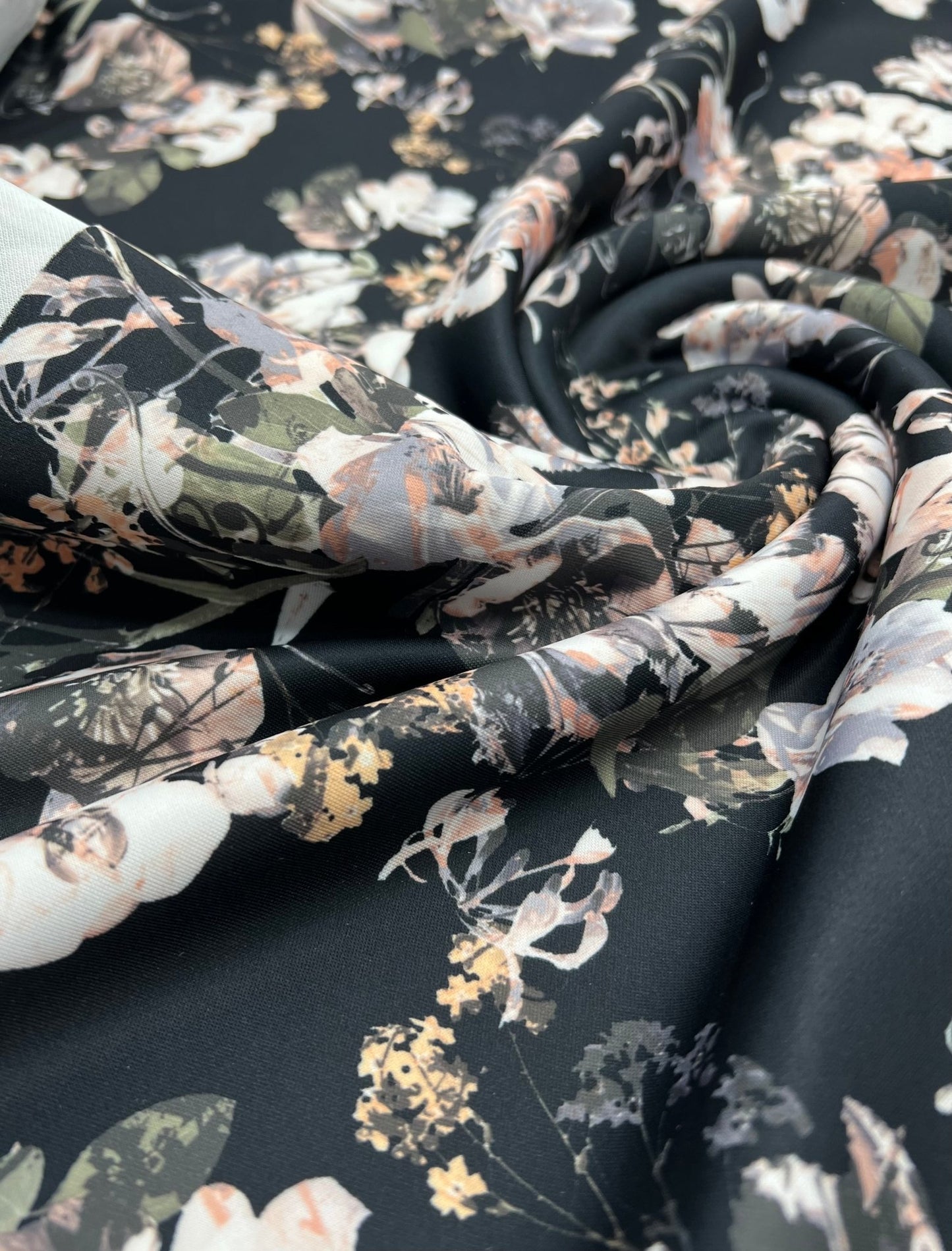 Black Floral Printed Plain Scuba Fabric - T9 Fabrics