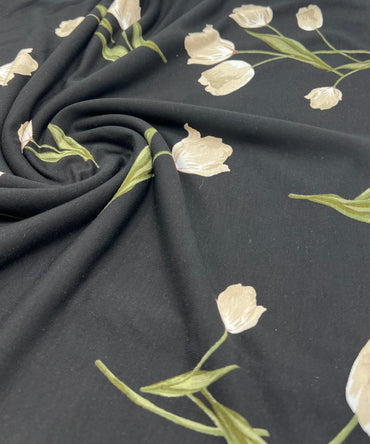 Black Flower Print Heavy Viscose Elastane 4 Way Stretch Fabric - T9 Fabrics