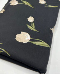 Black Flower Print Heavy Viscose Elastane 4 Way Stretch Fabric - T9 Fabrics