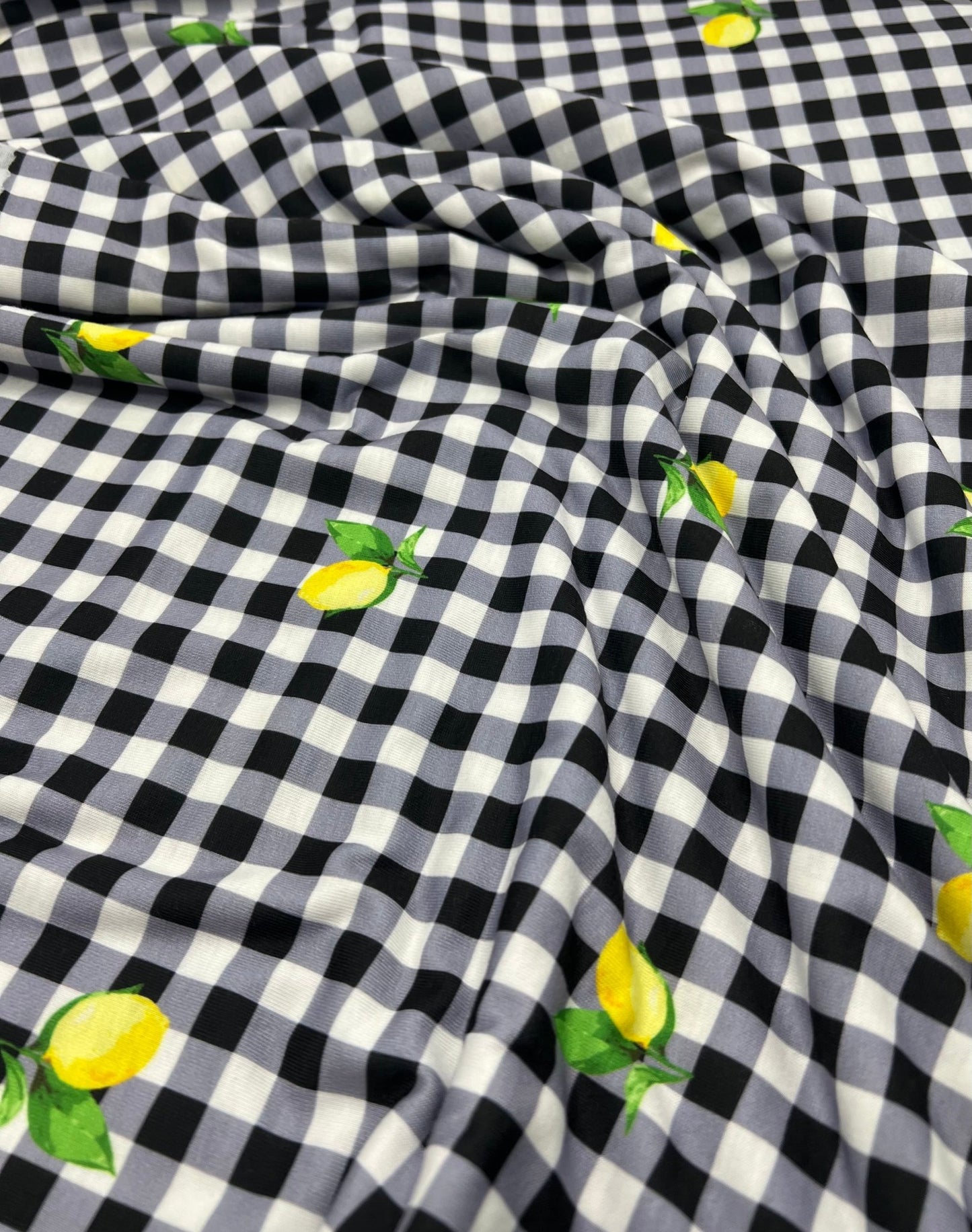 Black Gingham Lemon Print Soft Spun Poly Stretch Fabric - T9 Fabrics