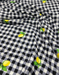 Black Gingham Lemon Print Soft Spun Poly Stretch Fabric - T9 Fabrics