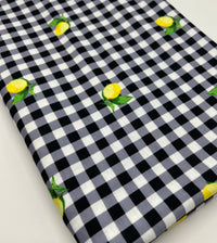 Black Gingham Lemon Print Soft Spun Poly Stretch Fabric - T9 Fabrics