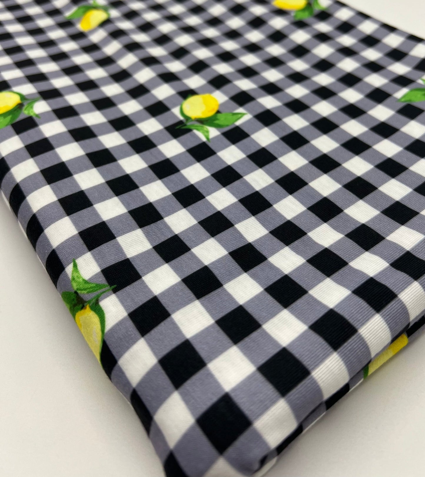 Black Gingham Lemon Print Soft Spun Poly Stretch Fabric - T9 Fabrics