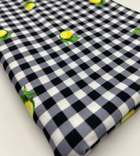 Black Gingham Lemon Print Soft Spun Poly Stretch Fabric - T9 Fabrics