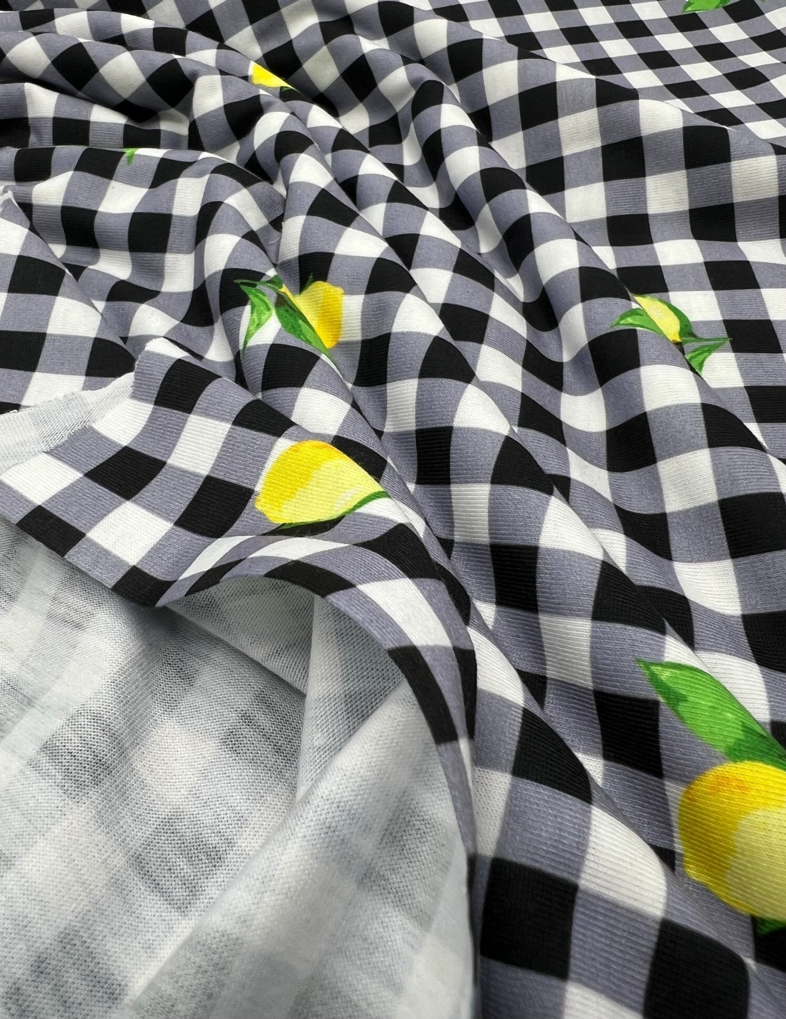 Black Gingham Lemon Print Soft Spun Poly Stretch Fabric - T9 Fabrics