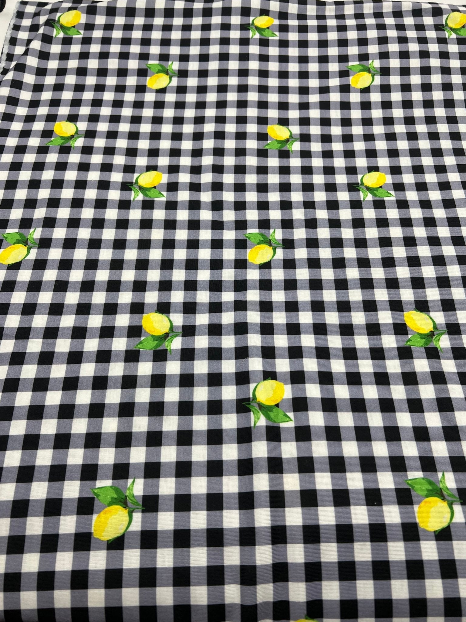 Black Gingham Lemon Print Soft Spun Poly Stretch Fabric - T9 Fabrics