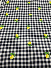 Black Gingham Lemon Print Soft Spun Poly Stretch Fabric - T9 Fabrics