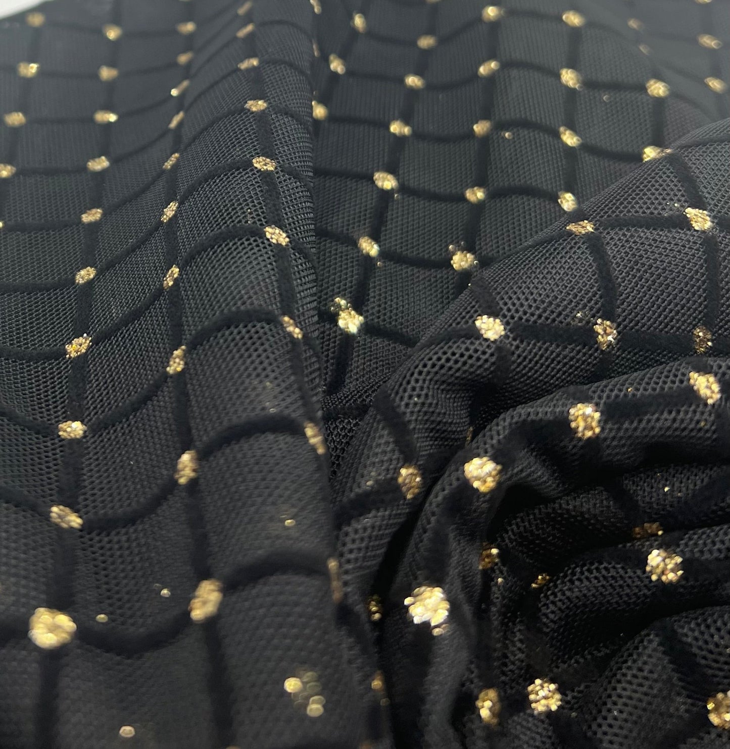 Black Gold Embossed Textured Mesh Fabric Stretch - T9 Fabrics