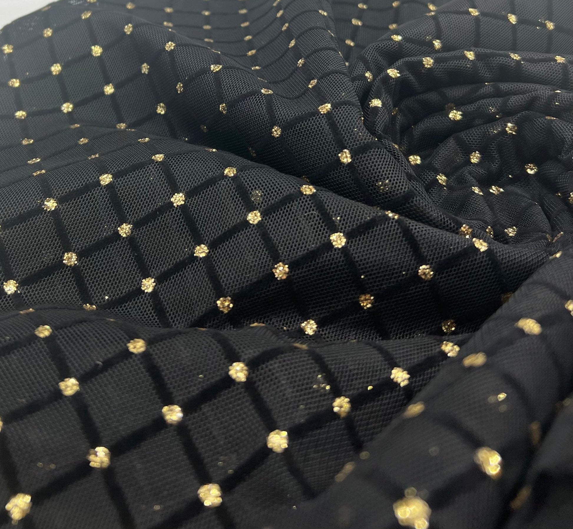 Black Gold Embossed Textured Mesh Fabric Stretch - T9 Fabrics