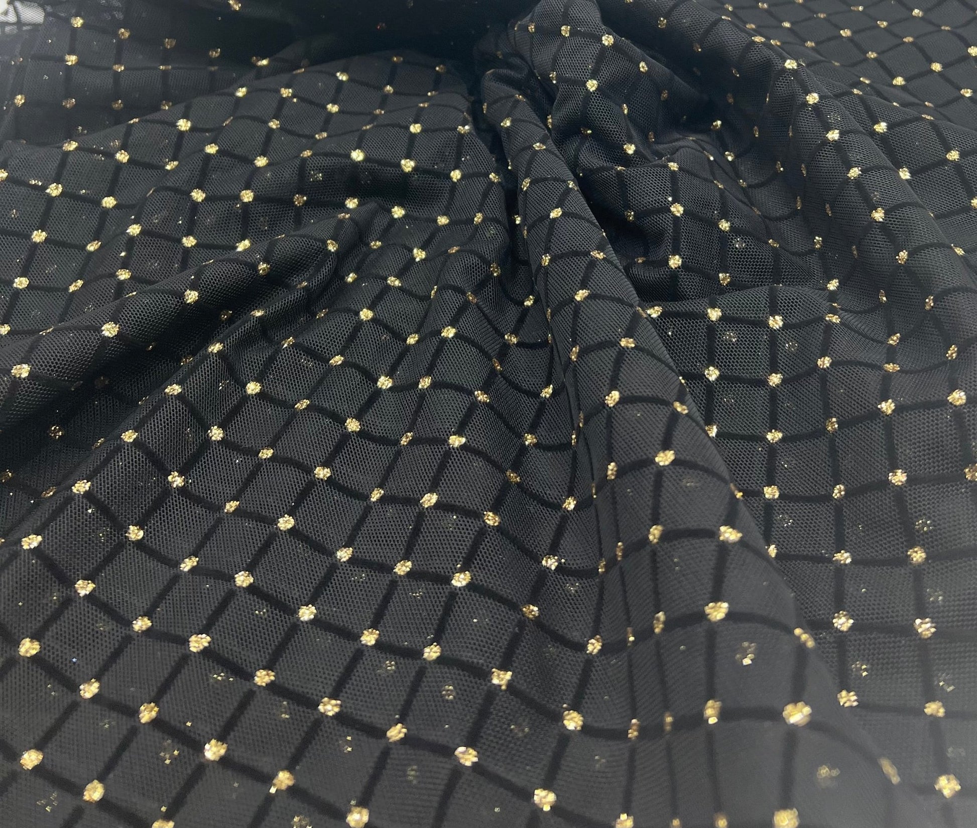 Black Gold Embossed Textured Mesh Fabric Stretch - T9 Fabrics