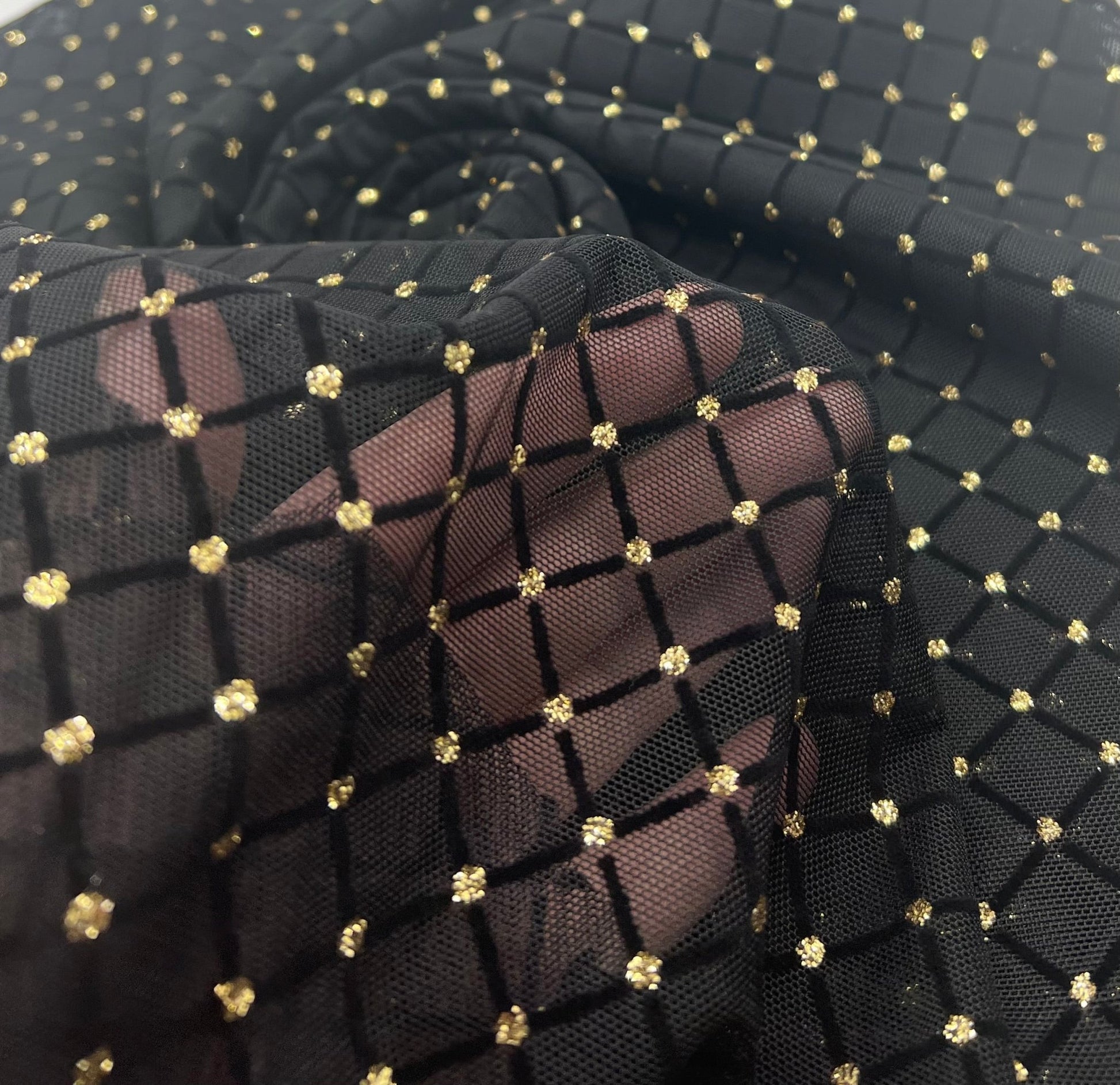 Black Gold Embossed Textured Mesh Fabric Stretch - T9 Fabrics