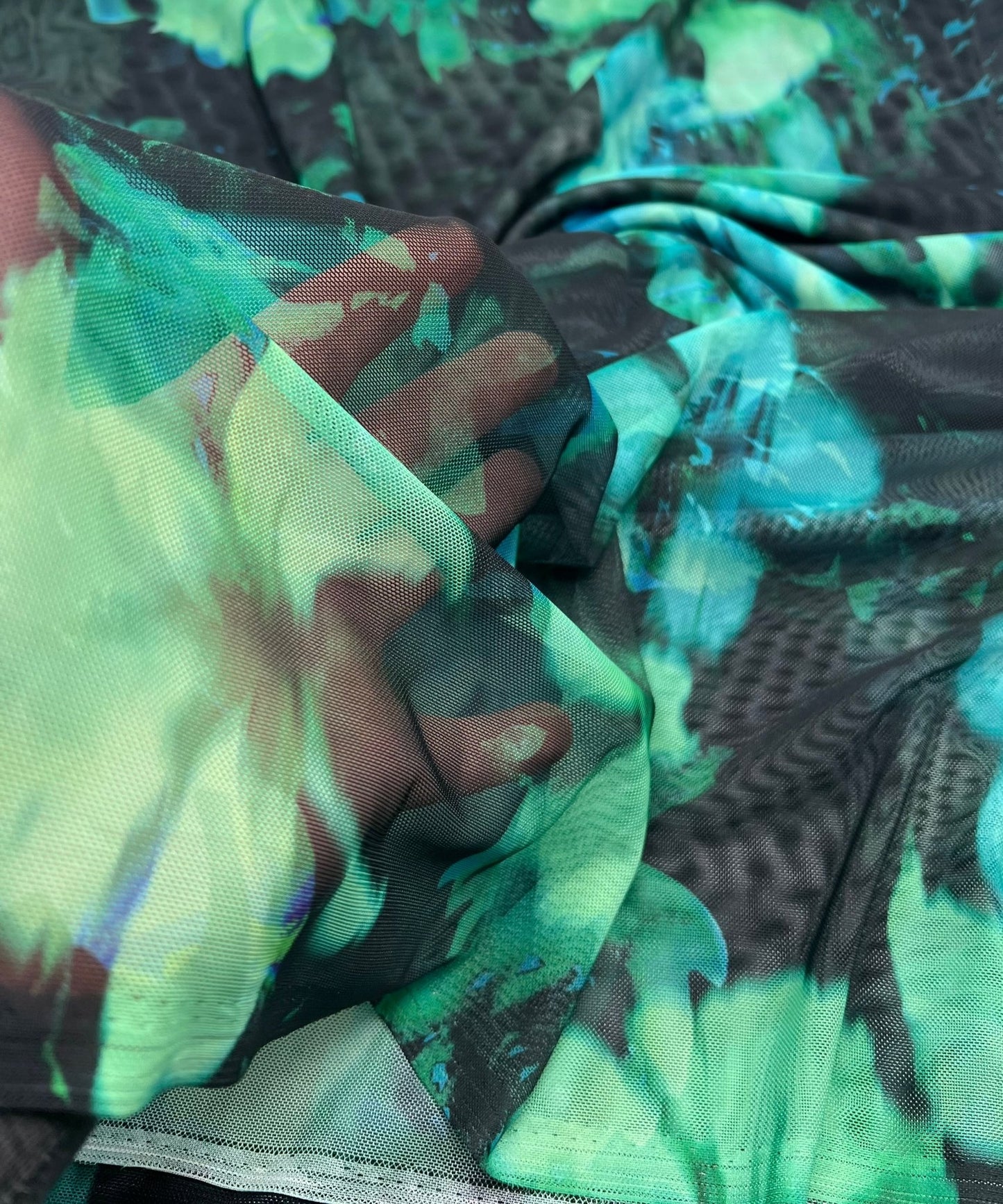 Black Green Floral Mix Mesh Fabric Stretch - T9 Fabrics