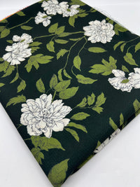 Black Green Floral Print Lightweight Bubble Crepe Fabric - T9 Fabrics