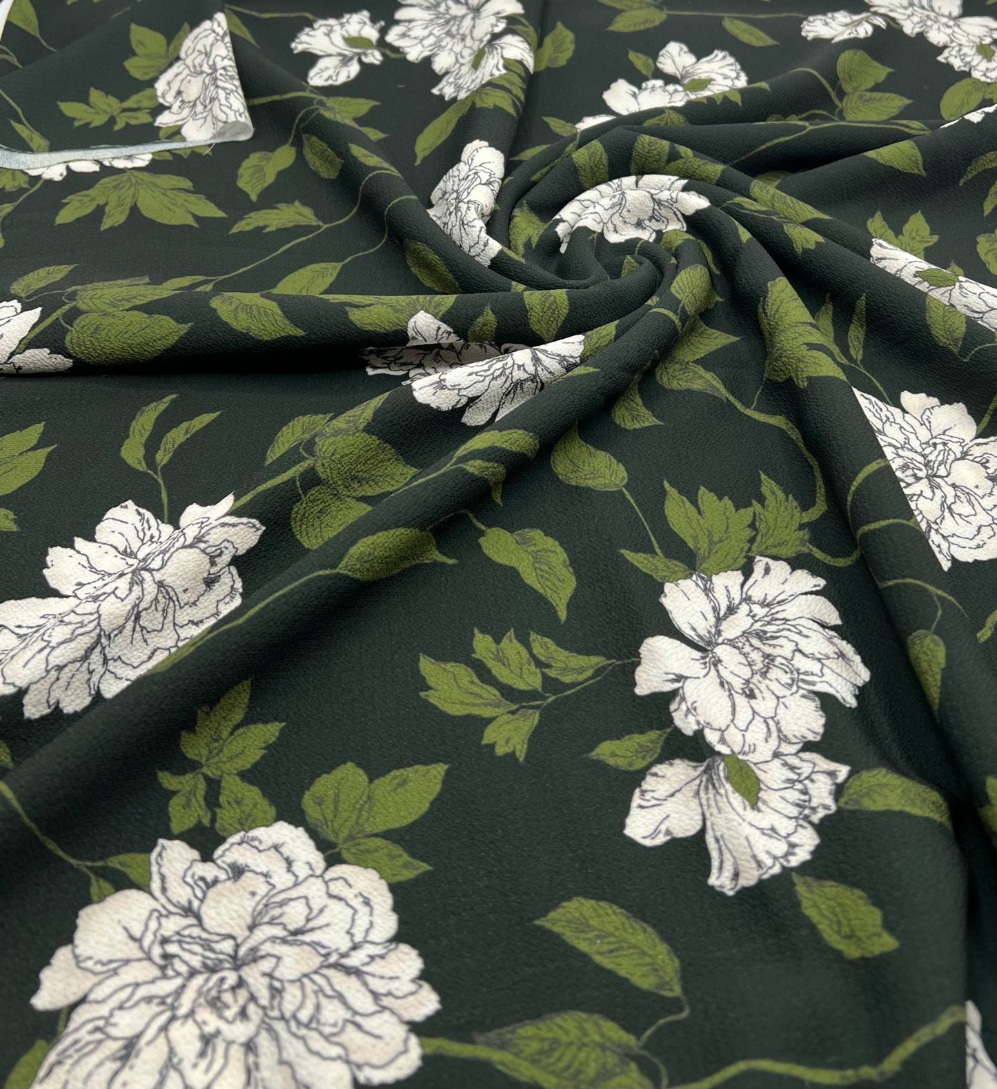 Black Green Floral Print Lightweight Bubble Crepe Fabric - T9 Fabrics