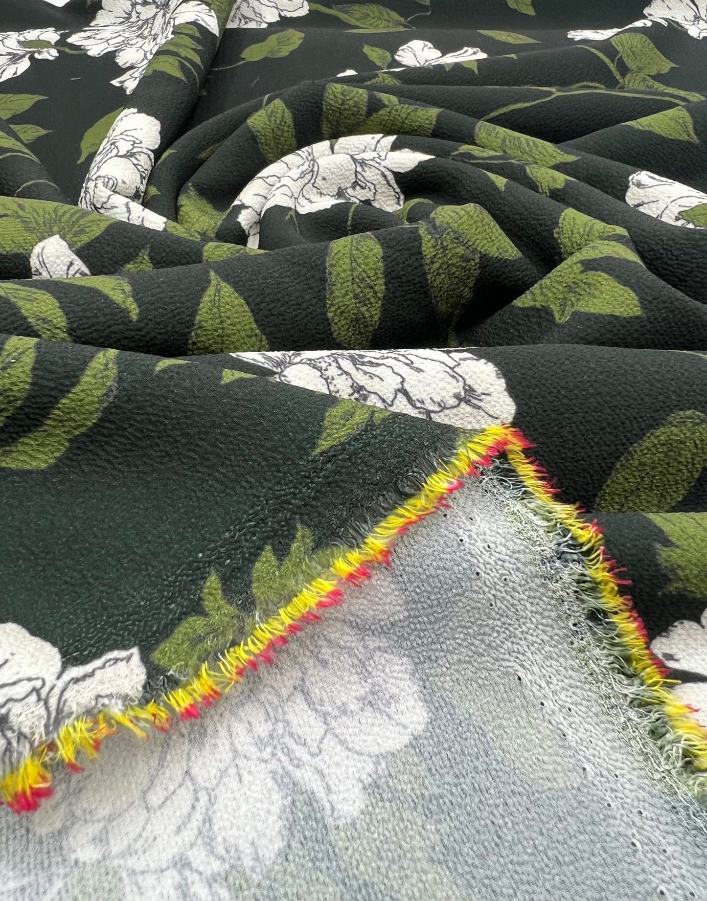 Black Green Floral Print Lightweight Bubble Crepe Fabric - T9 Fabrics