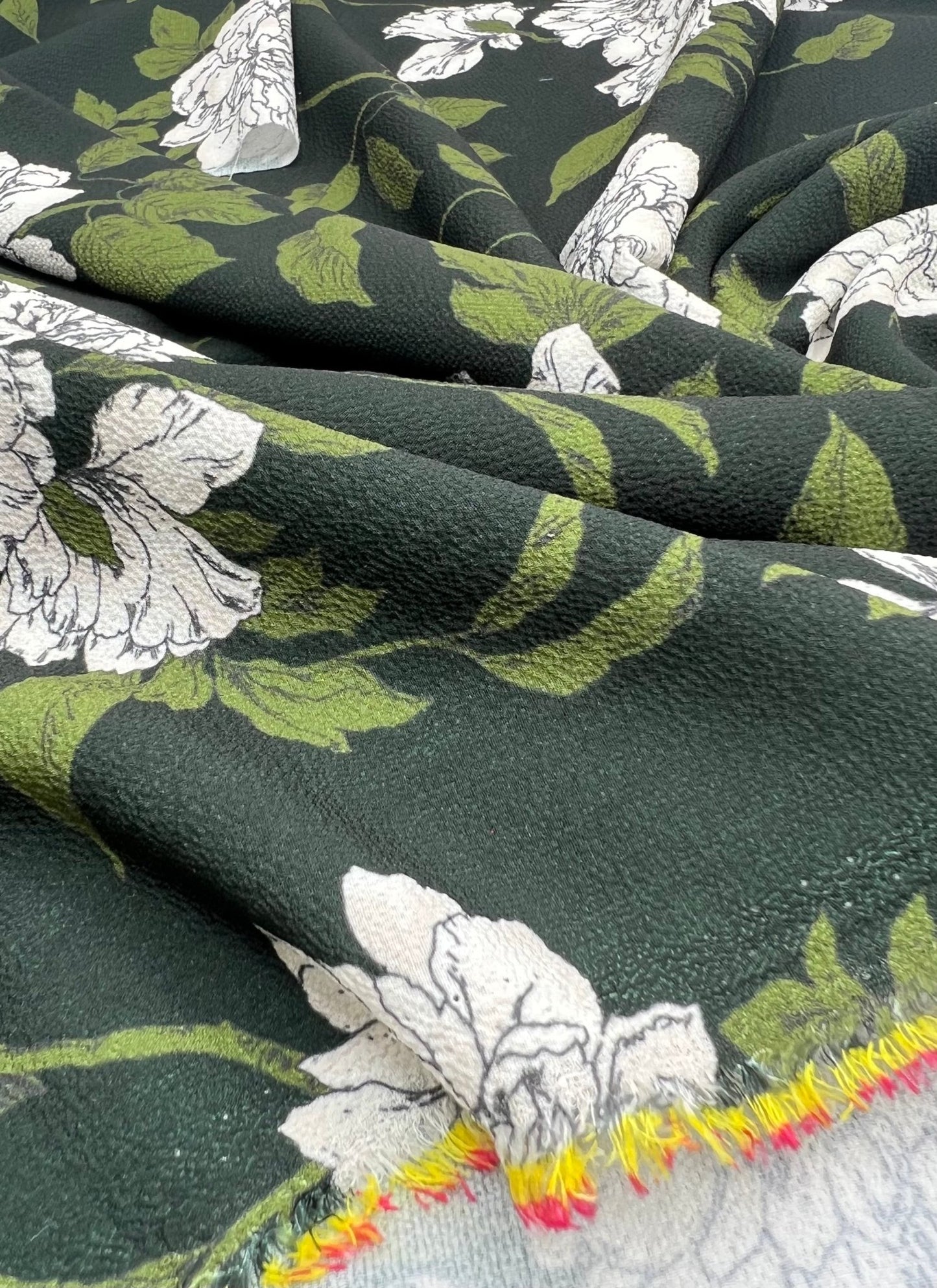 Black Green Floral Print Lightweight Bubble Crepe Fabric - T9 Fabrics