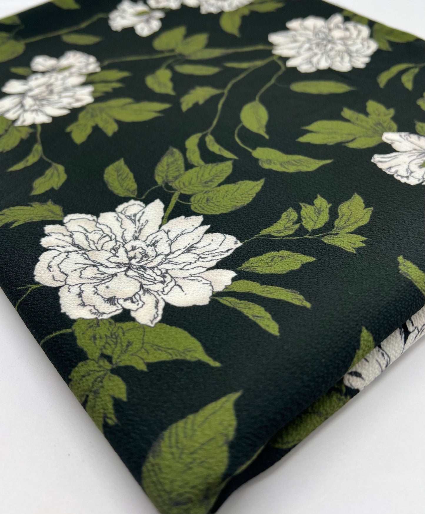 Black Green Floral Print Lightweight Bubble Crepe Fabric - T9 Fabrics