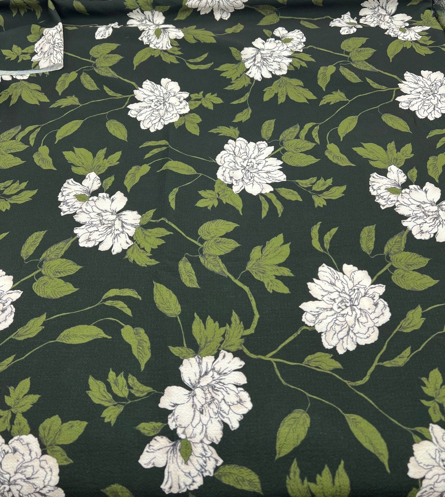 Black Green Floral Print Lightweight Bubble Crepe Fabric - T9 Fabrics