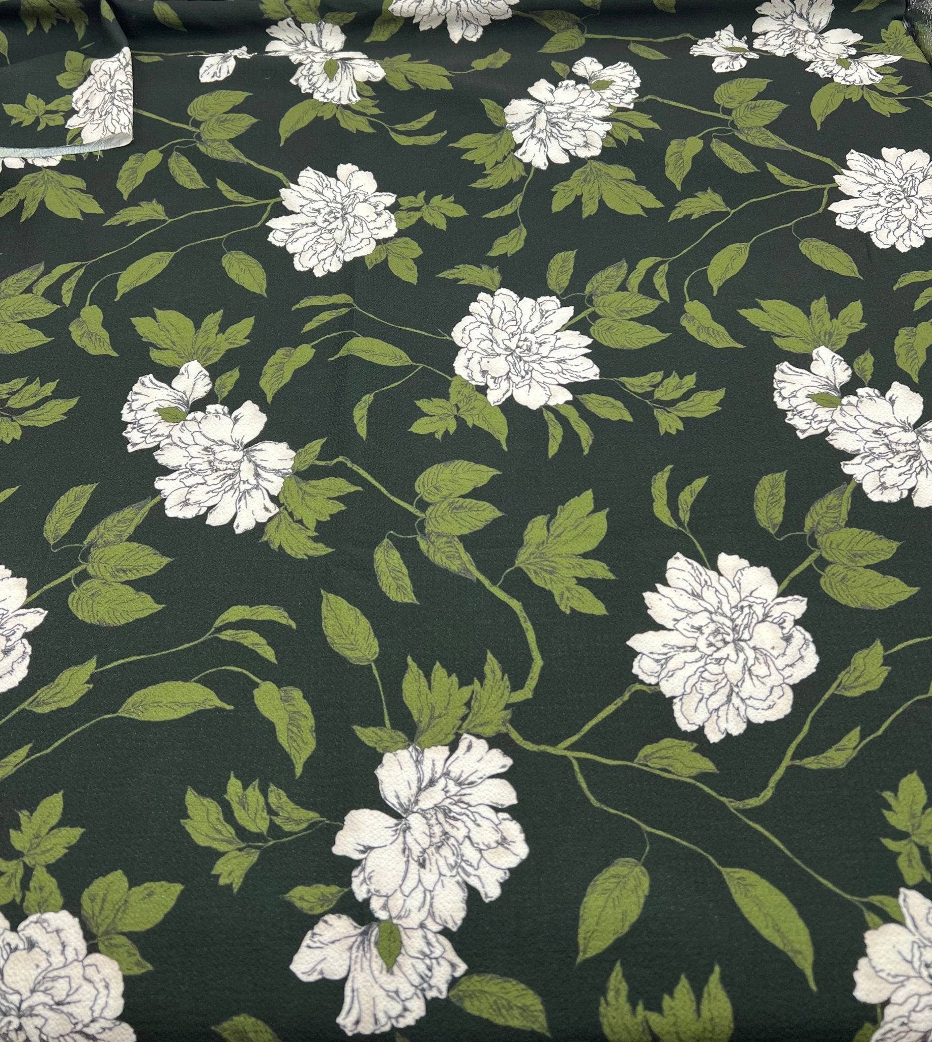 Black Green Floral Print Lightweight Bubble Crepe Fabric - T9 Fabrics