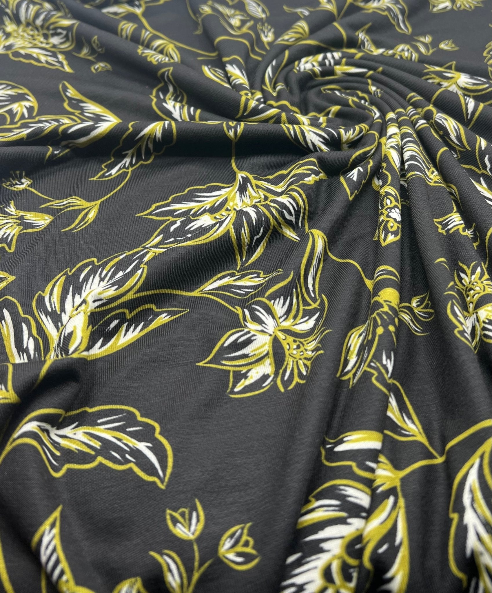 Black Green Gold Floral Print Spun Poly Stretch Fabric - T9 Fabrics
