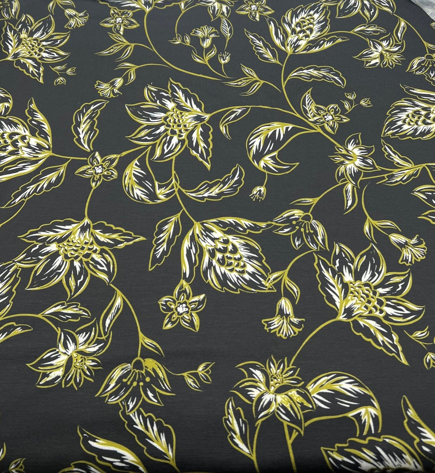 Black Green Gold Floral Print Spun Poly Stretch Fabric - T9 Fabrics