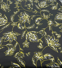 Black Green Gold Floral Print Spun Poly Stretch Fabric - T9 Fabrics