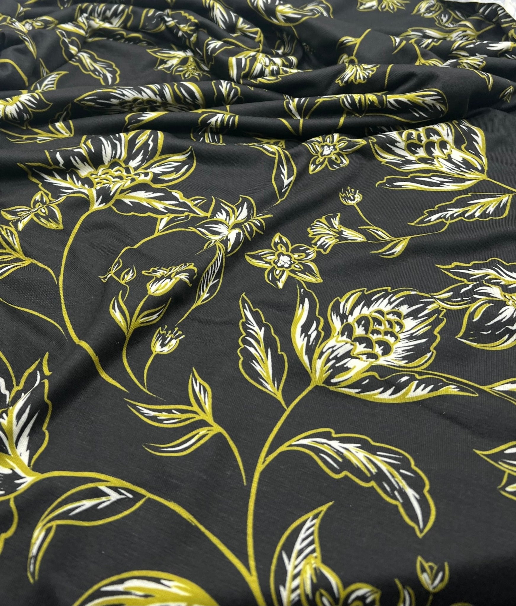 Black Green Gold Floral Print Spun Poly Stretch Fabric - T9 Fabrics