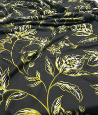 Black Green Gold Floral Print Spun Poly Stretch Fabric - T9 Fabrics