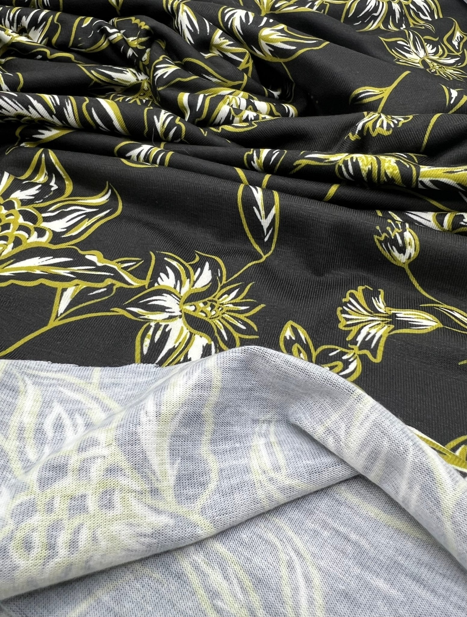 Black Green Gold Floral Print Spun Poly Stretch Fabric - T9 Fabrics