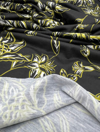 Black Green Gold Floral Print Spun Poly Stretch Fabric - T9 Fabrics
