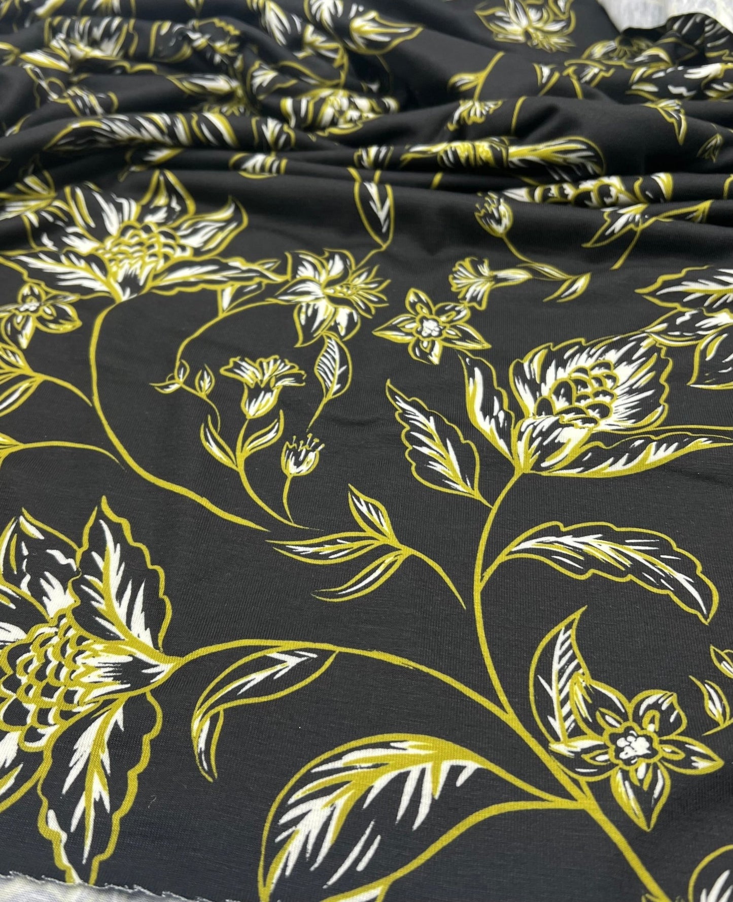 Black Green Gold Floral Print Spun Poly Stretch Fabric - T9 Fabrics